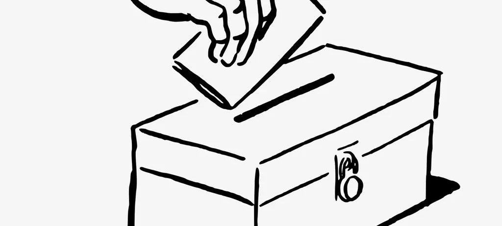 A hand placing a ballot into a locked ballot box, illustrated in a simple line art style.